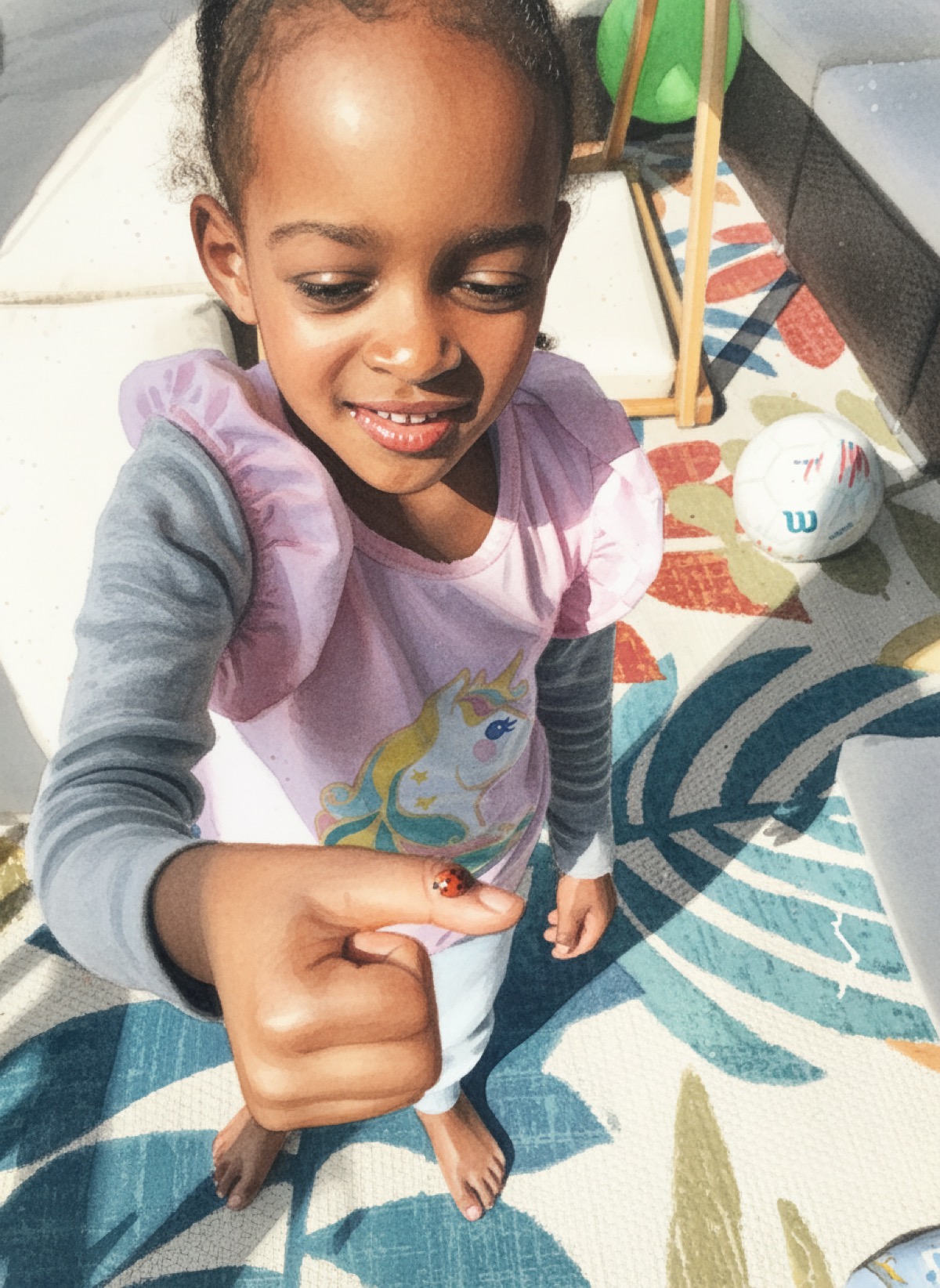 Yohanna in a pink and gray unicorn shirt holding a ladybug on her finger, smiling softly on the patio