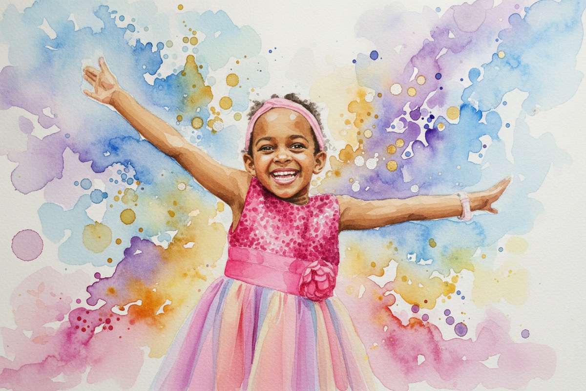 Watercolor painting of Yohanna in a sparkly pink party dress with arms wide open against a colorful splatter background
