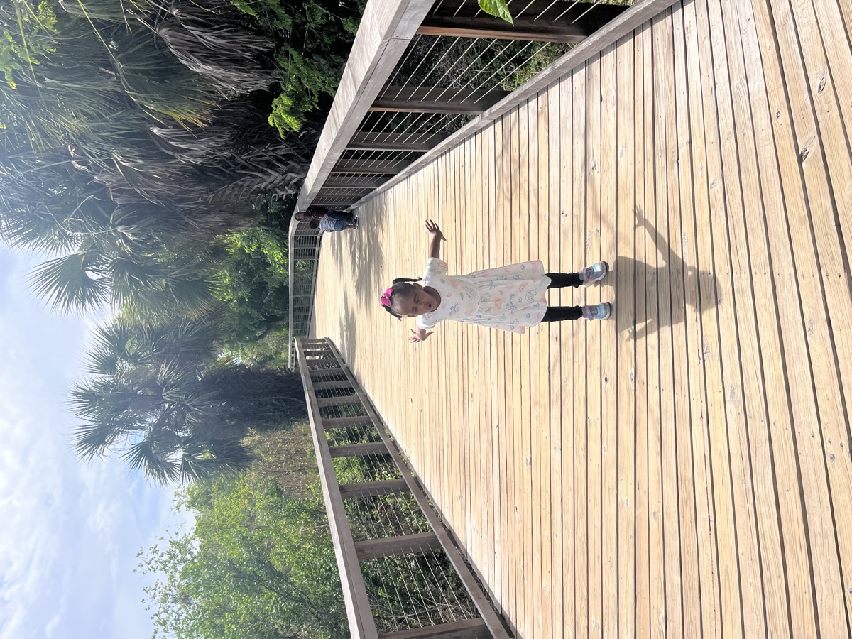 Yohanna standing alone on a sunny wooden boardwalk with arms spread wide, wearing a printed dress and pink bow in her braids, palm trees behind her