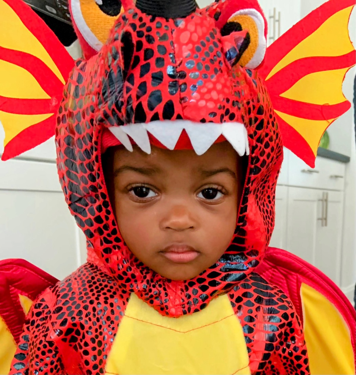 Close-up of Yohanna in her red dragon costume hood, giving a serious pose with big brown eyes